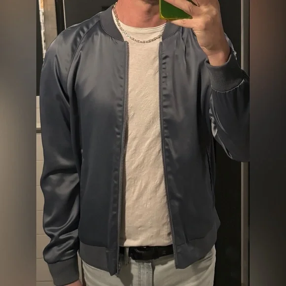 H&M satin look bomber jacket in size small steel blue color is beautiful - Picture 3 of 12